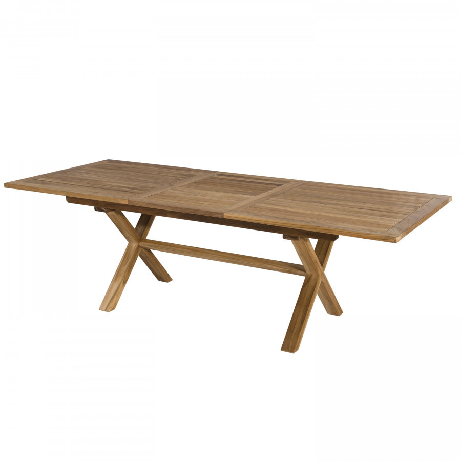 HARRIS - SALON DE JARDIN BOIS TECK 8/10 pers - 1 Table rect. extensible pieds croisés - 6 fauteuils empilables textilène taupe