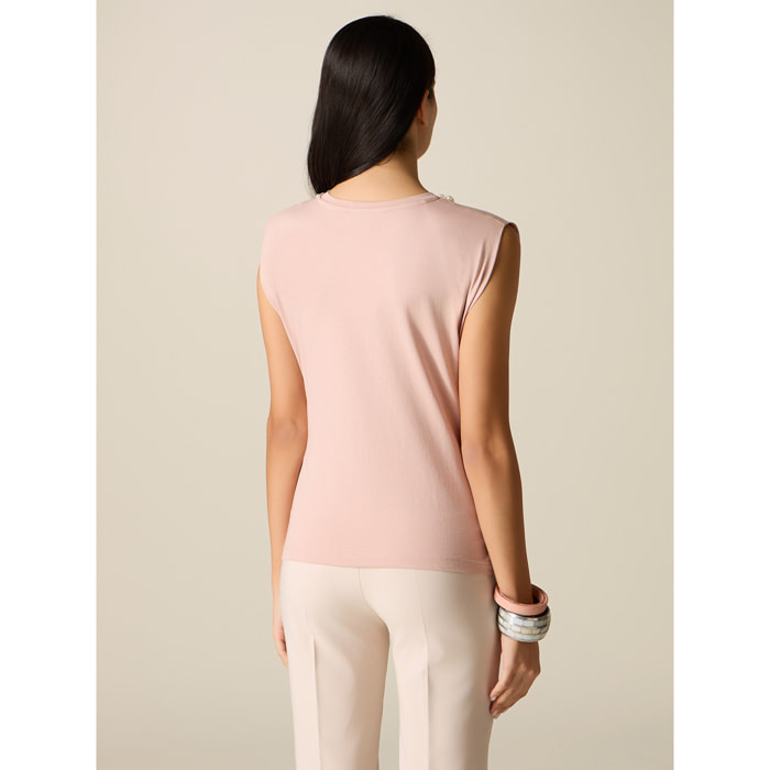 Oltre - T-shirt in cotone con perle - Rosa