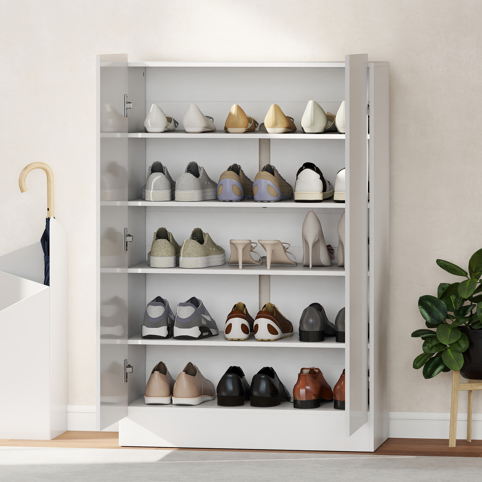 Zapatero de 2 Puertas con Cierre Suave, Zapatero Entrada Recibidor con Estantes Ajustables, Agujeros de Ventilación, para 20 Pares de Zapatos, 72x34,5x103 cm, Blanco Brillo