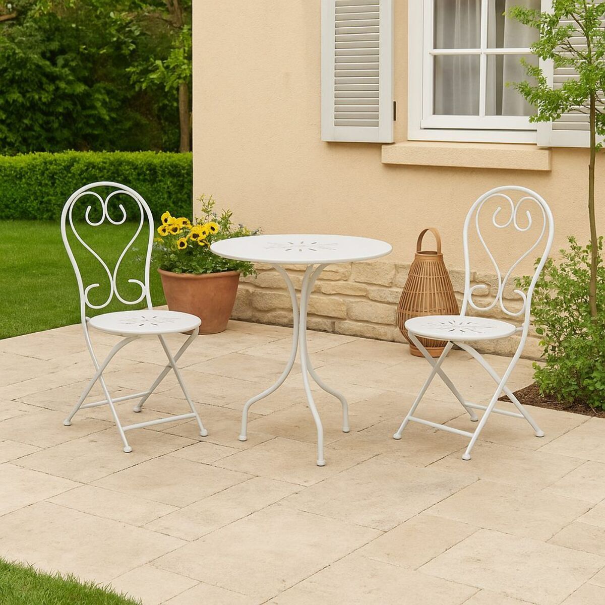 Set da giardino bianco 2 sedie pieghevoli 1 tavolino rotondo - Deco