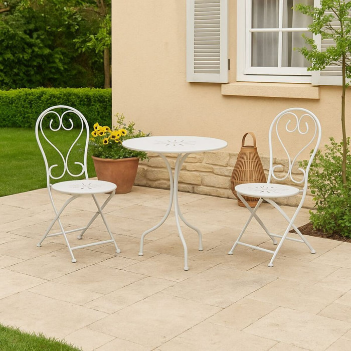 Set da giardino bianco 2 sedie pieghevoli 1 tavolino rotondo - Deco