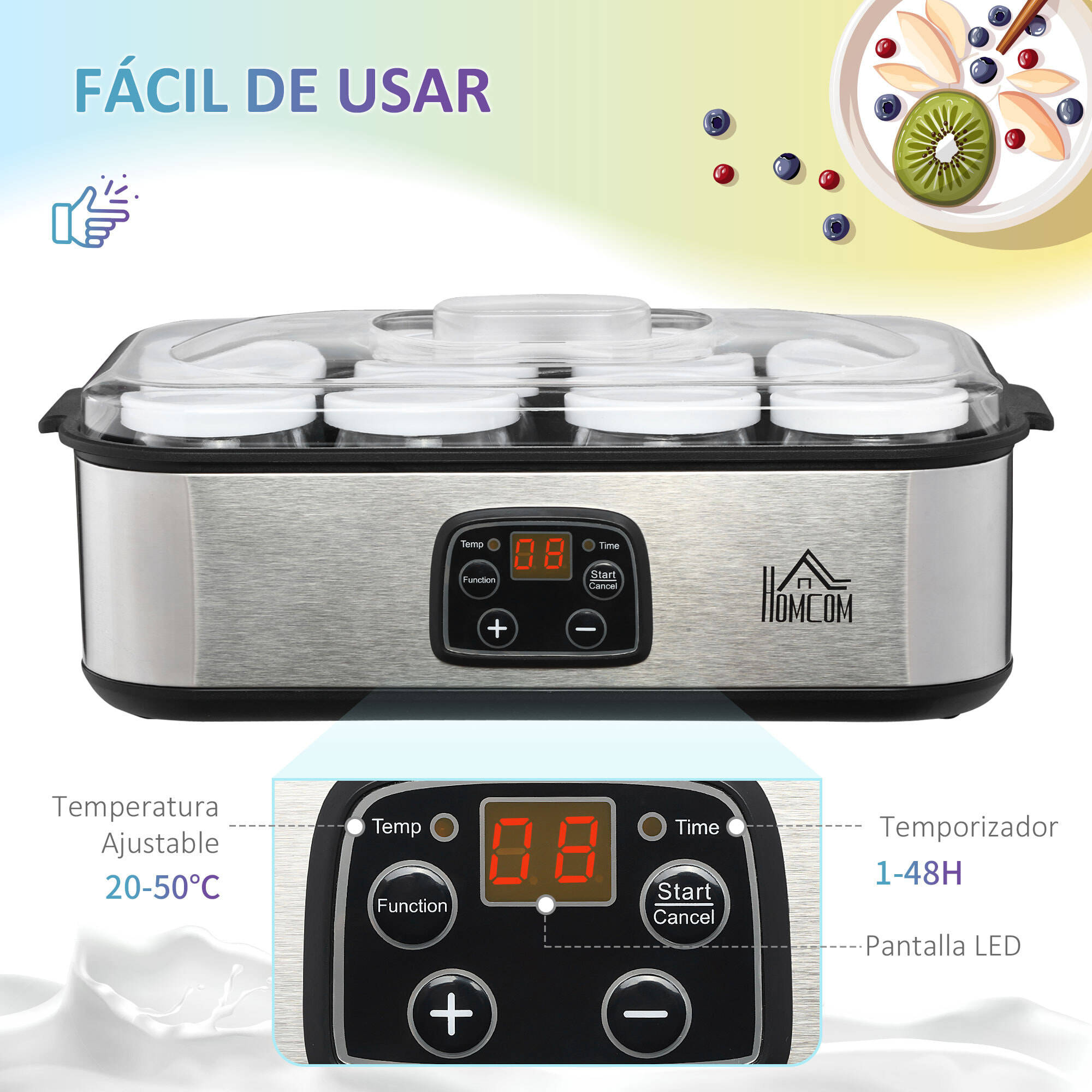 Yogurtera 30W Capacidad 1,44L con 8 Tarros de Cristal de 180 ml Termostato Ajustable Temporizador de 1-48 Horas y Apagado Automático 36x18,8x14 cm Plata