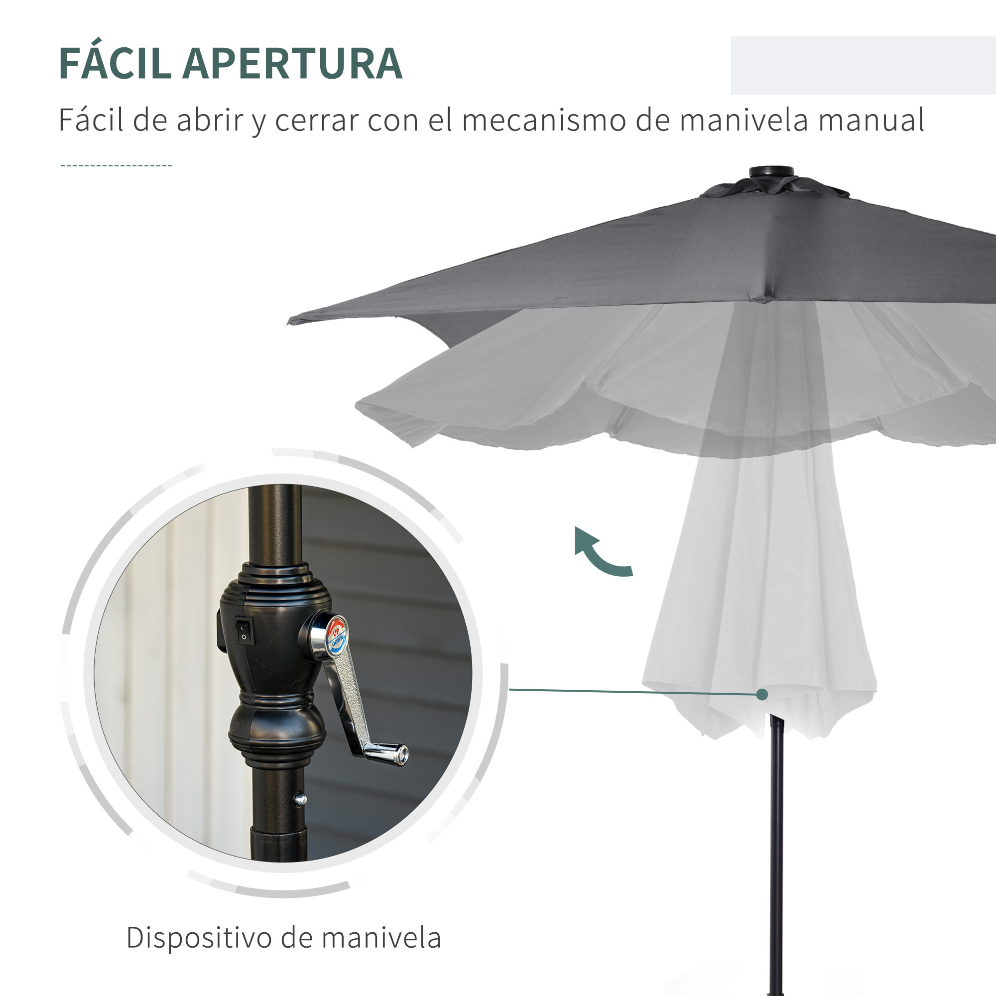 Sombrilla de Jardín 268x205x248 cm Parasol de Terraza con Techo Inclinable hasta 45° Luces LED Solares Anti-UV e Impermeable para Patio Balcón Gris Oscuro
