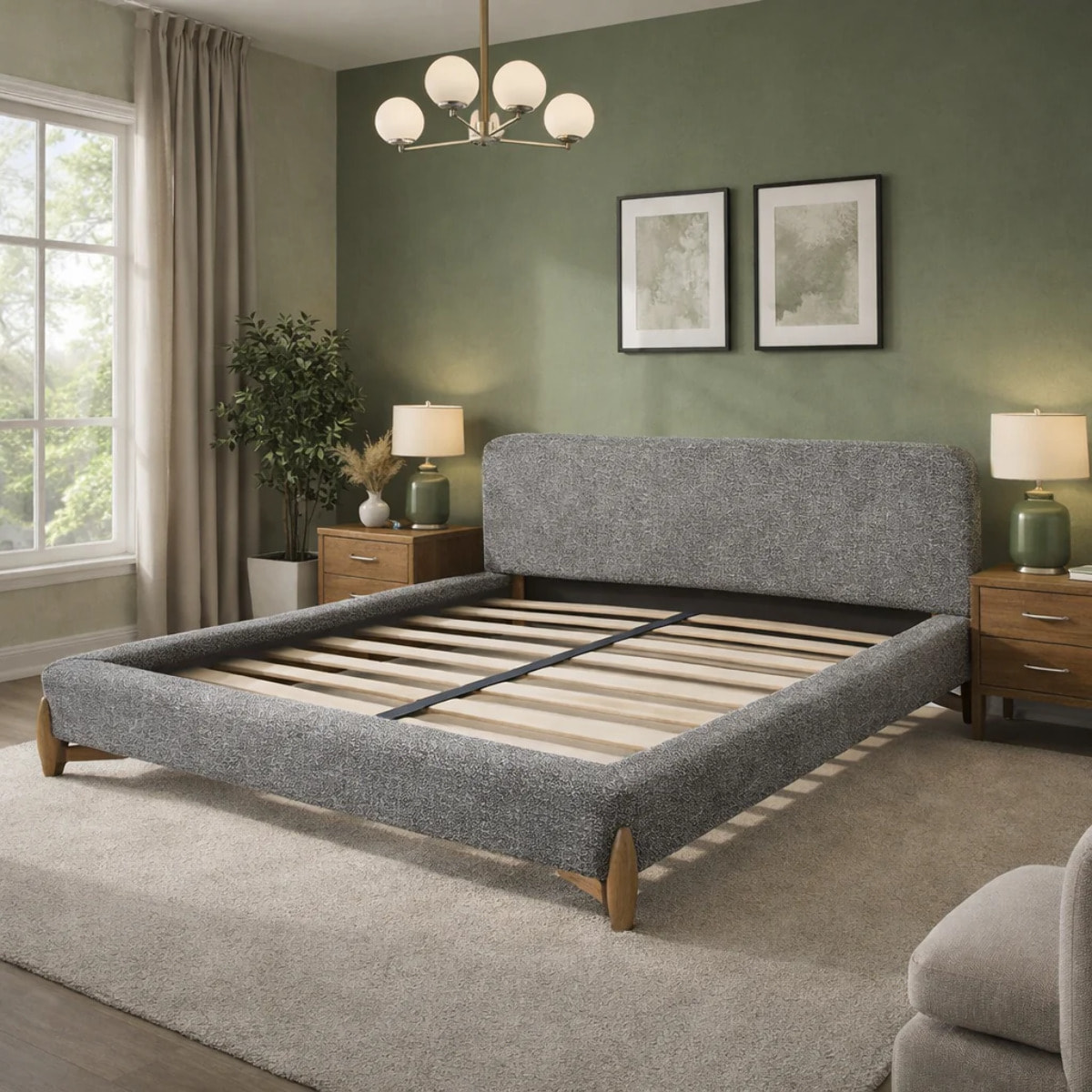 Lit Capucine avec tête de lit en tissu feutrine gris