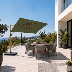 Parasol rectangulaire 2x3m déporté rotatif vert structure effet bois OTA