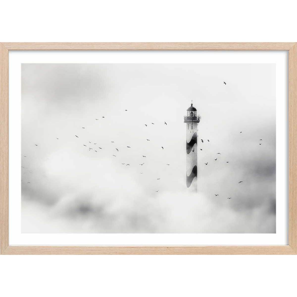 Affiche phare dans le brouillard Affiche + cadre en bois - Chêne