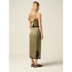 Oltre - Falda tubo midi de satén con encaje - Verde