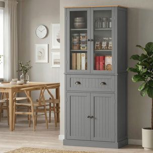 Armoire de cuisine buffet haut 4 portes grand tiroir coulissant dim. 76L x 40l x 182H cm panneaux gris verre