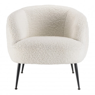 ALBANE - Fauteuil cosy tissu bouclette blanc pieds métal noir