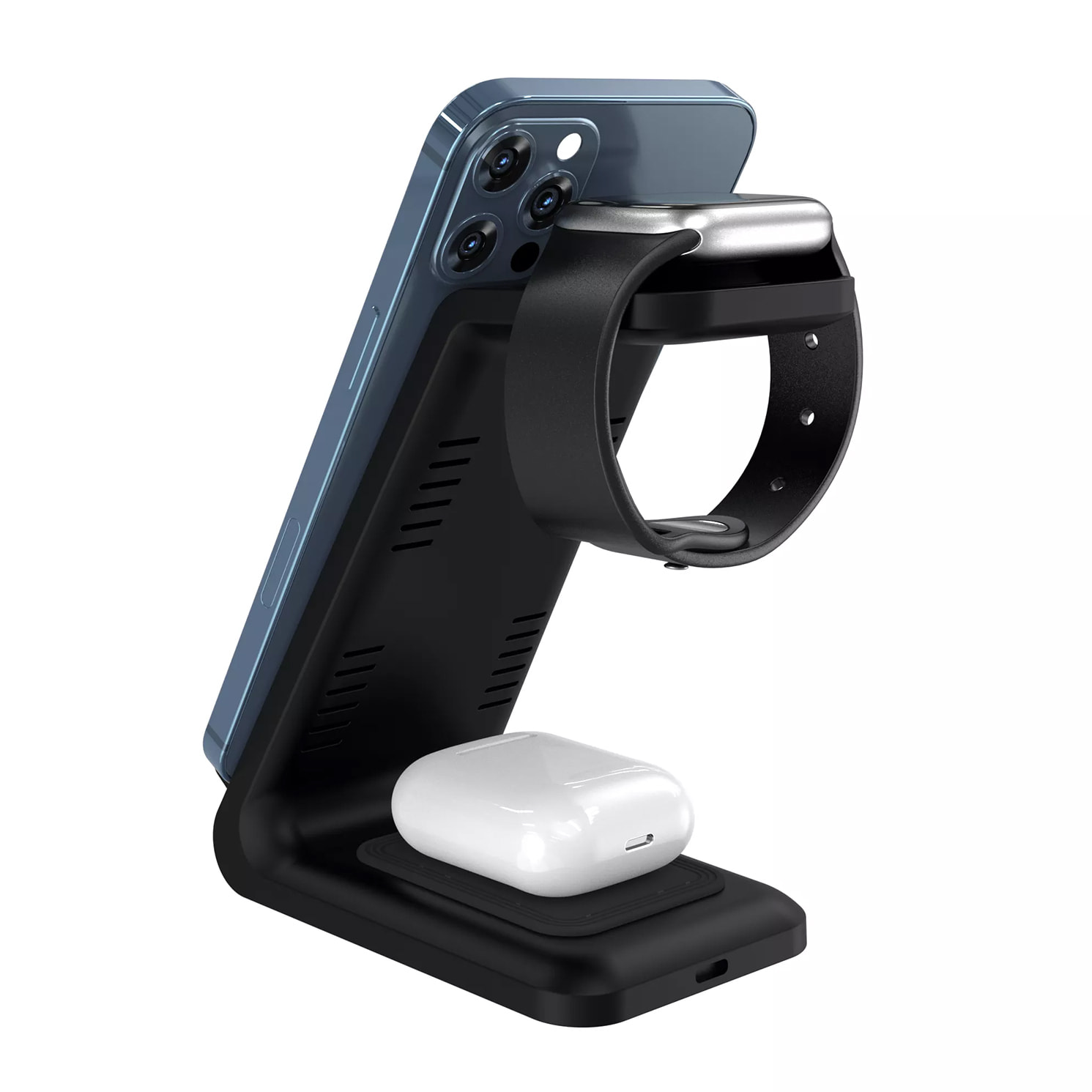 Stazione di ricarica 3 in 1 da 15w. Base di ricarica wireless Qi per 2 smartphone, auricolari e Apple Watch.