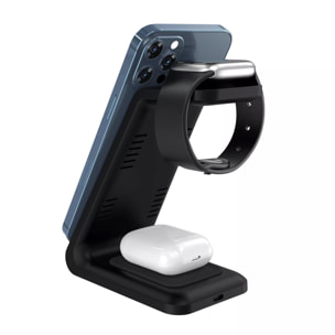 Stazione di ricarica 3 in 1 da 15w. Base di ricarica wireless Qi per 2 smartphone, auricolari e Apple Watch.