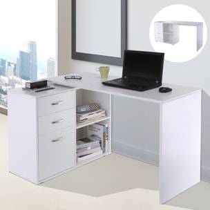 Bureau d'angle bureau droit modulable 2 en 1 bureau informatique tiroirs x 3 + 2 niches MDF blanc