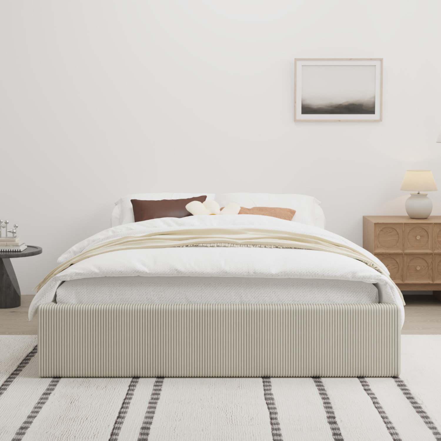 ABATE Lit avec coffre de rangement 140x190cm velours côtelé beige