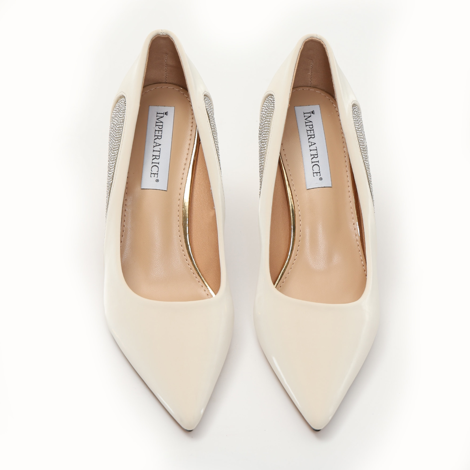 Dècolletè pumps in simil pelle verniciata con strass laterali