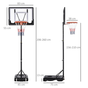 Canasta de Baloncesto para Exterior con Altura Ajustable 206-260 cm Aro de Baloncesto con Ruedas y Base Rellenable para Adolescentes y Adultos Negro