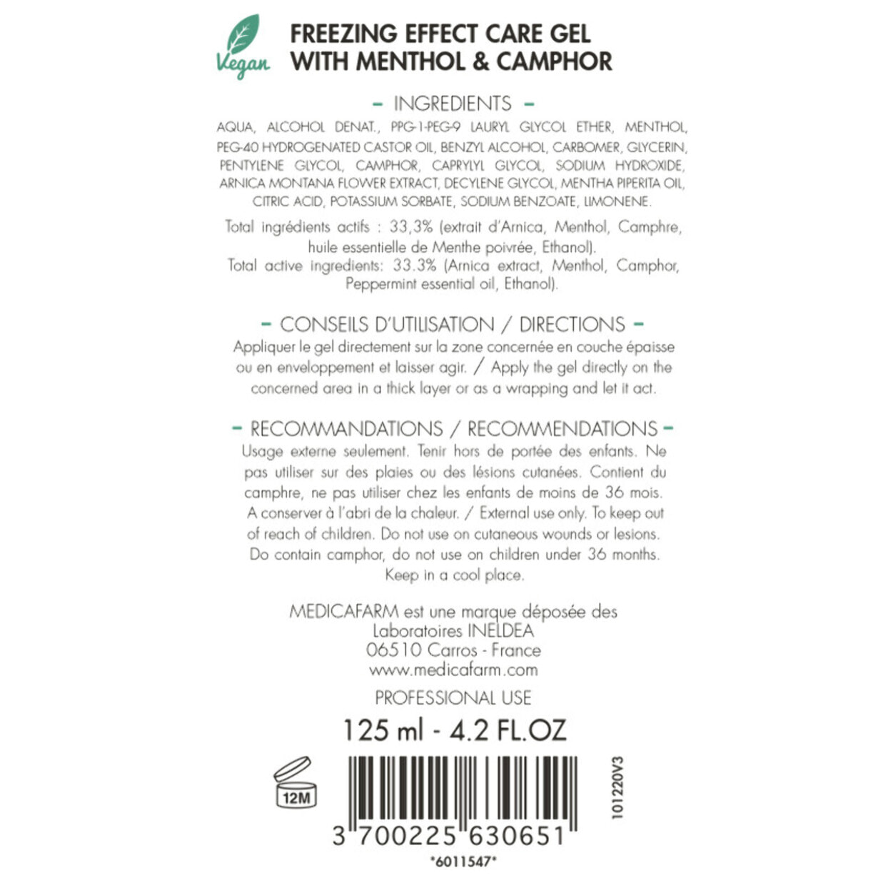 MEDICAFARM - Gel de soin CRYO-K - Gel de Soin "effet froid intense" - Menthol & Camphre - Sans paraben - Lot de 2 tubes 125 ml
