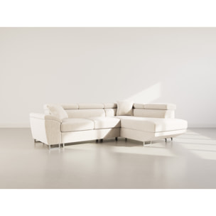 Baoji - Canapé d'angle droit 5 places convertible avec têtières et coffre en velours côtelé - Beige