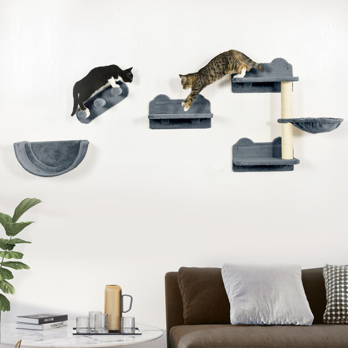 Mur d'escalade pour chat - arbre à chat design mural - griffoirs, plateformes, 2 paniers, échelle - sisal peluche gris