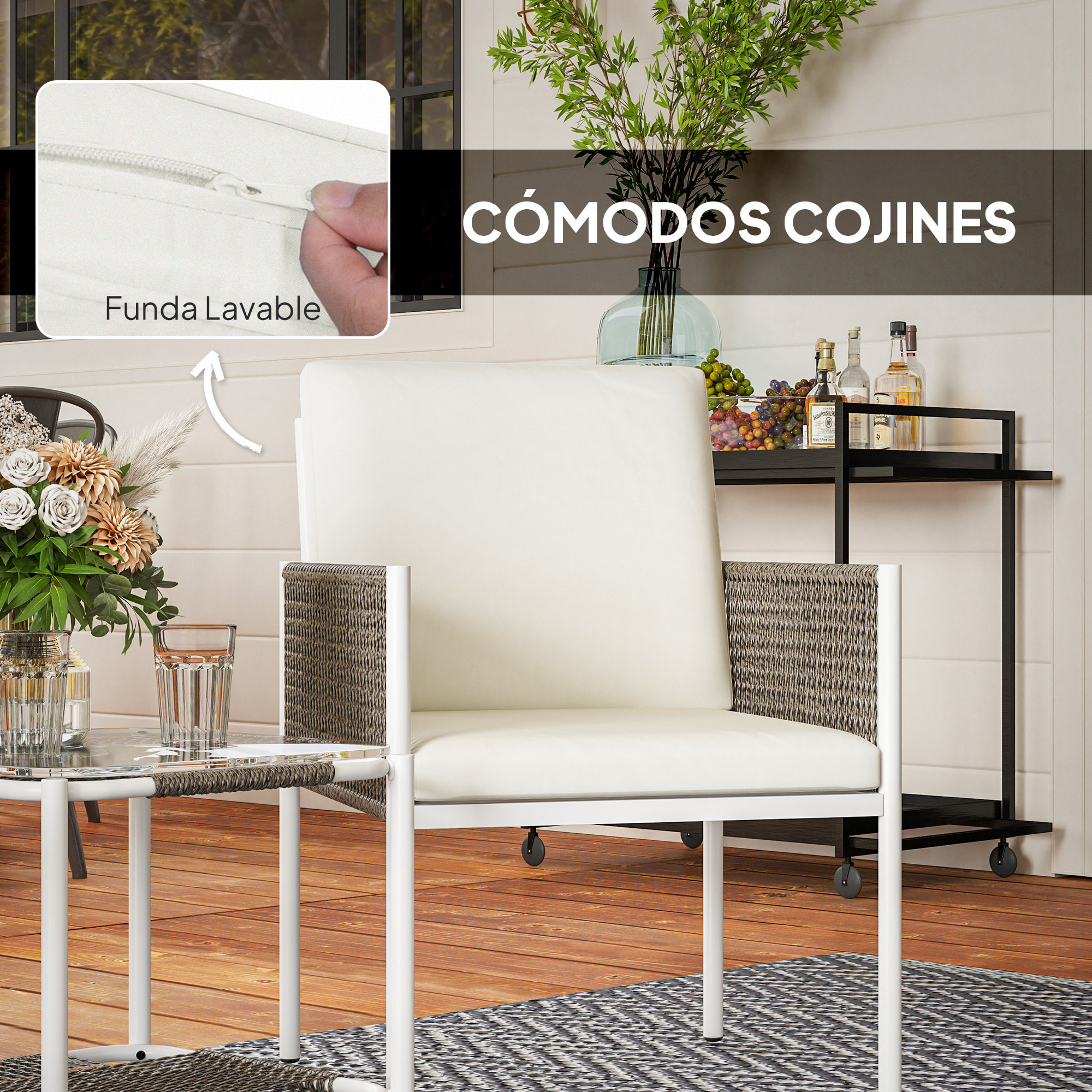 Conjunto de Jardín Exterior de 3 Piezas Juego de 2 Sillas y Mesa de Ratán con Cojines Acolchados y Encimera de Vidrio para Balcón Terraza Marrón y Crema