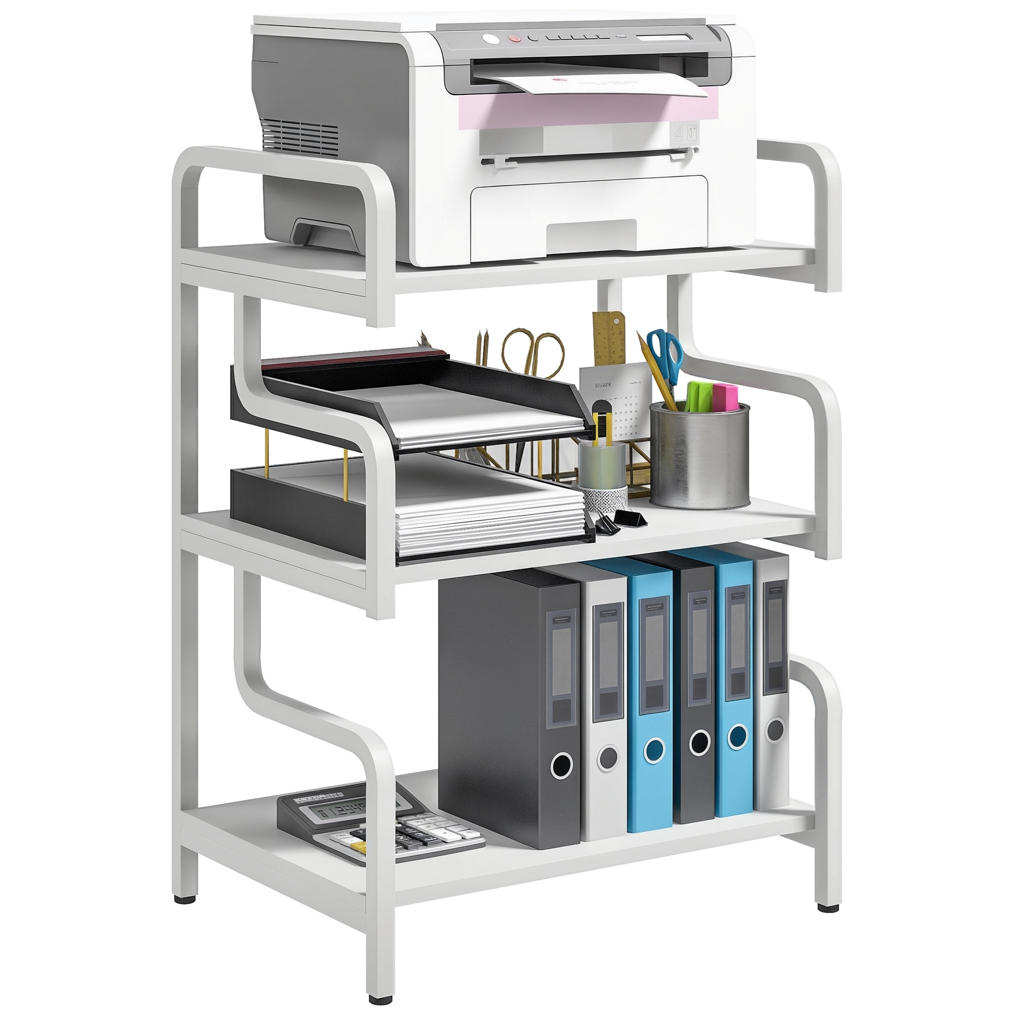 HOMCOM Soporte para Impresora de 3 Niveles, Mueble para Impresora con Marco de Acero, Estantería de Almacenamiento Multiusos para Escáner y Fax en Oficina, Casa, 55x40x77 cm, Blanco