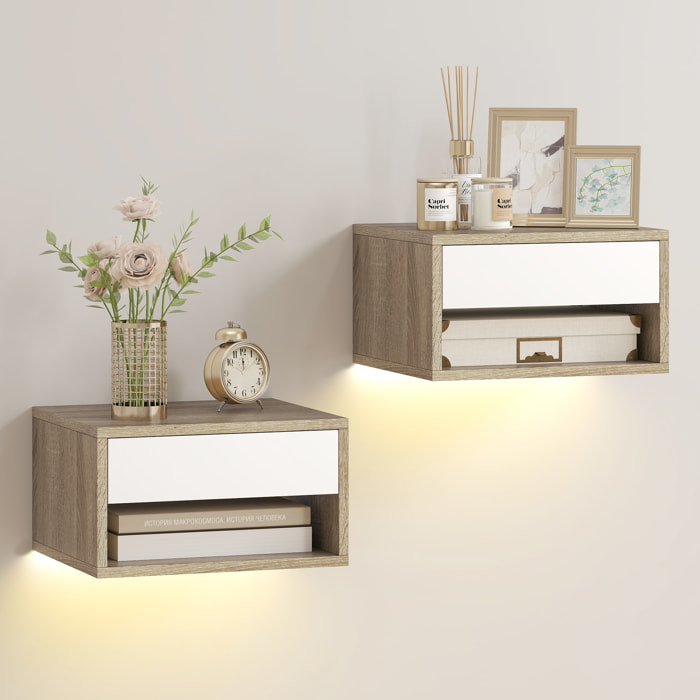 Juego de 2 Mesitas de Noche Flotantes con Luces LED RGB Control de APP, Mesillas de Noche Dormitorio con Cajón, Estante Abierto, para Sala de Estar, 37x32x21 cm, Natural y Blanco