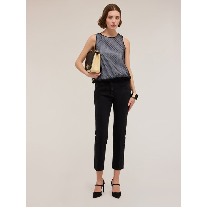 Motivi - Top in popeline a righe e tulle plumetis - Azzurro
