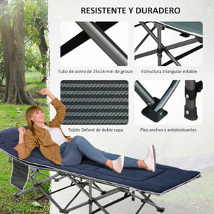 Cama de Camping Plegable Cama de Acampada con Cojín Almohada Bolsillo Lateral Bolsa de Transporte y Marco de Acero Carga 150 kg para Playa Senderismo 188x64,5x53 cm Azul