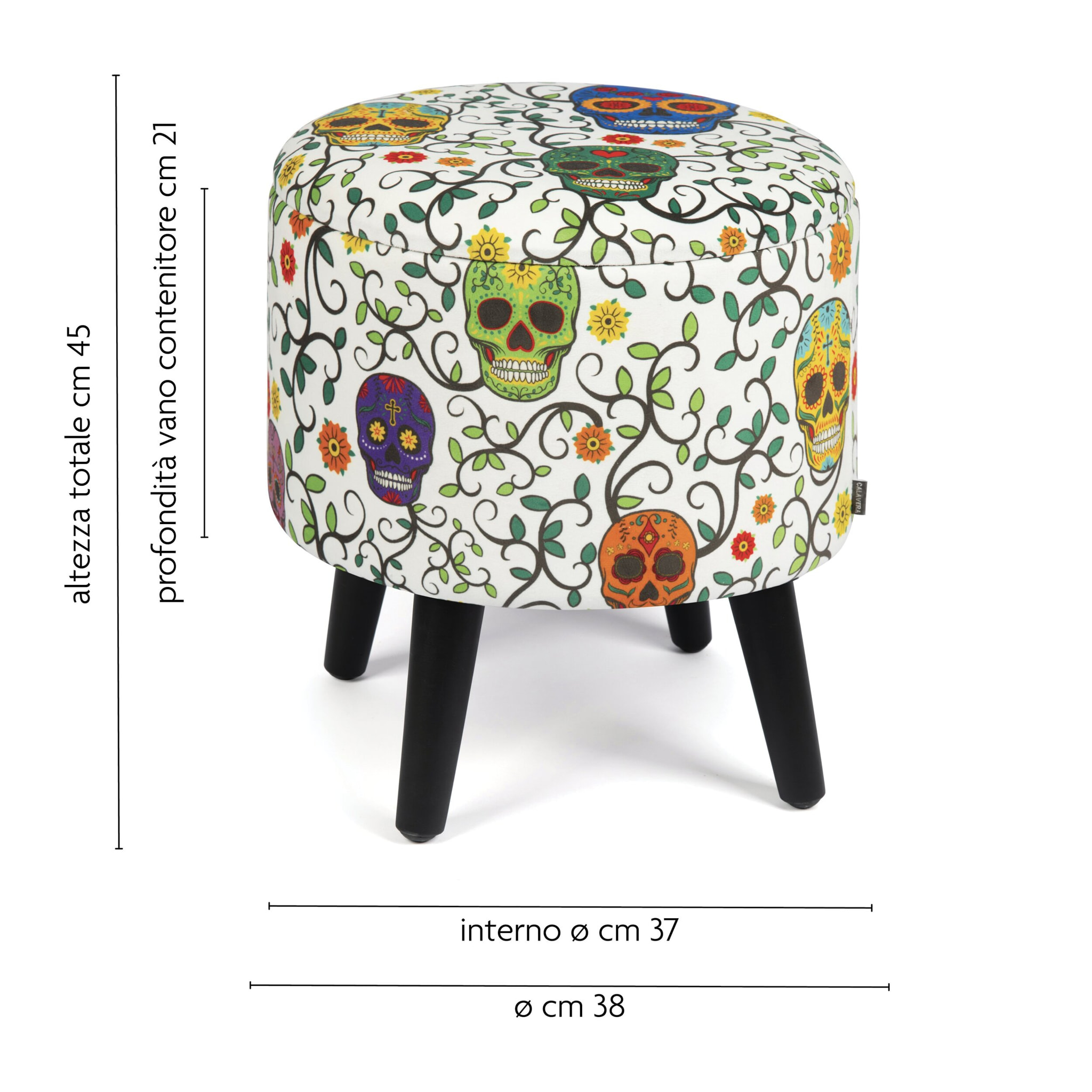 Pouf contenitore Excelsa Calavera in velluto e legno 38x38x45 cm multicolore