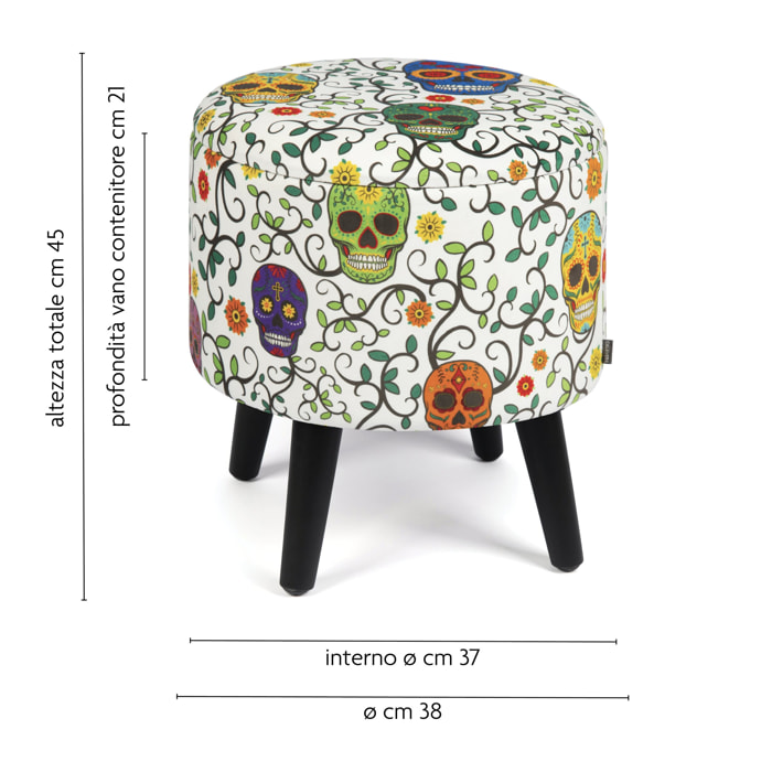 Pouf contenitore Excelsa Calavera in velluto e legno 38x38x45 cm multicolore