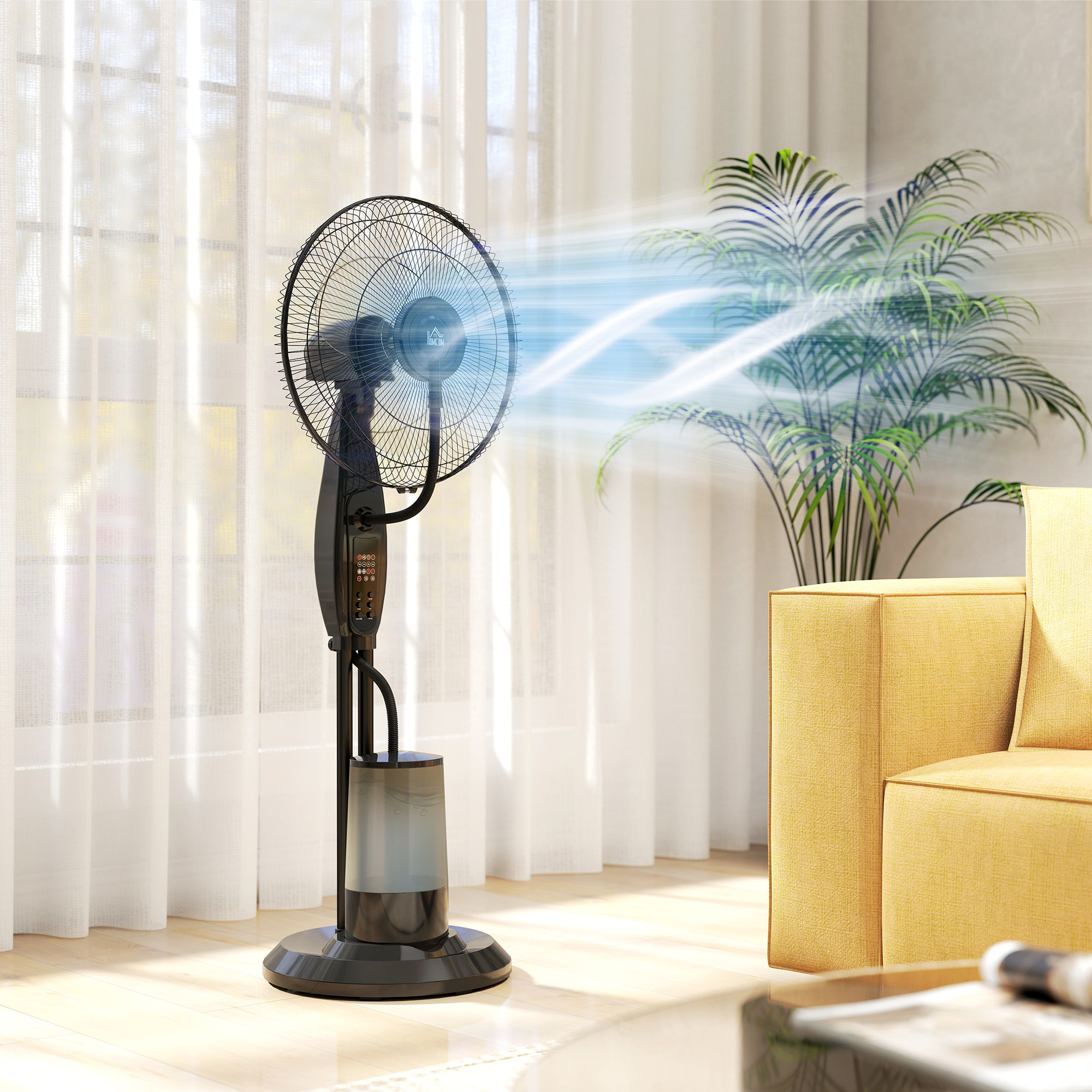 Ventilador Nebulizador Ventilador de Pie con Agua Oscilante 75 W Temporizador Tanque 3,2L Mando a Distancia 3 Velocidades 3 Aspas y Pantalla LED Ø44,5 cm Negro