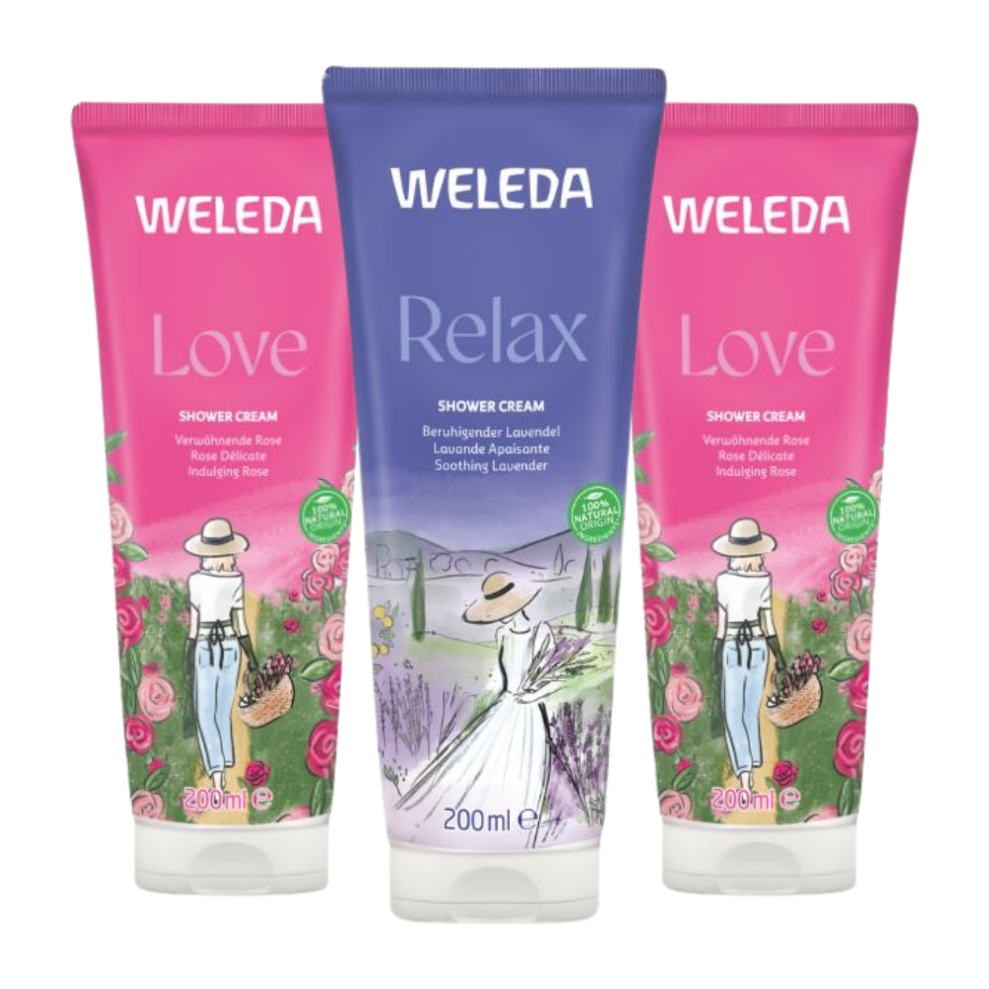 WELEDA - Trio Crème de douche - Love Rose Délicate X2 + Relax Lavande Apaisante X1 – Nettoie et préserve - Vegan* - Certifié Natrue ** - Tube 3*200ml