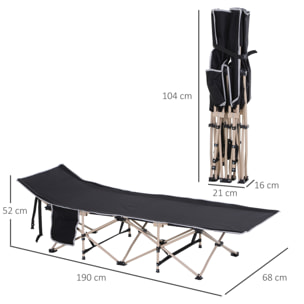 Cama de Camping Plegable Cama de Acampada con 1 Bolsillo Lateral Bolsa de Transporte y Marco de Acero Carga 150 kg para Playa Senderismo 190x68x52 cm Negro