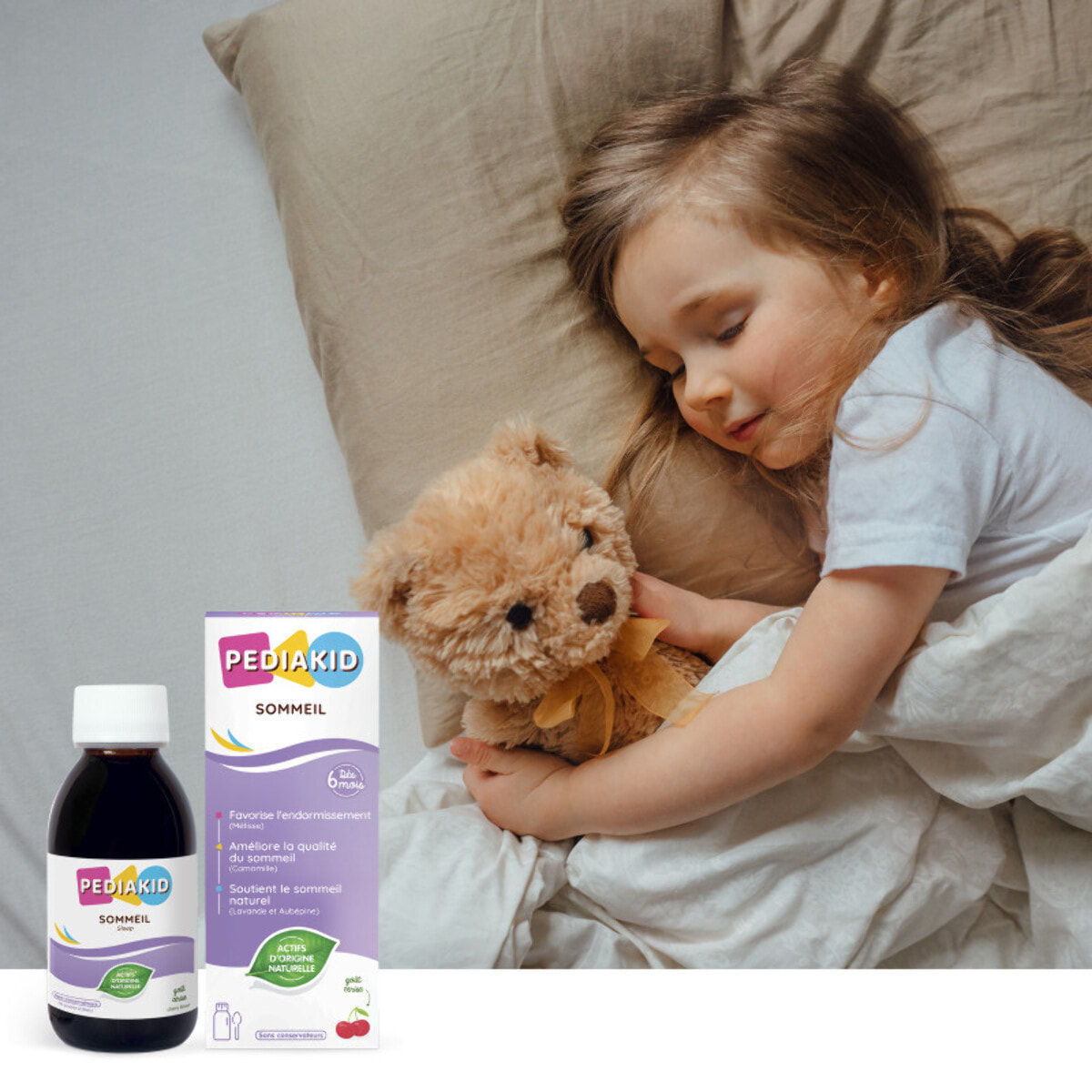 PEDIAKID - Sirop Sommeil - Complément Alimentaire Naturel - Formule Exclusive au Sirop d'Agave - Améliore la Qualité du Sommeil - Favorise l'Endormissement - Arôme Cerise - Lot de 2 sirops 125ml