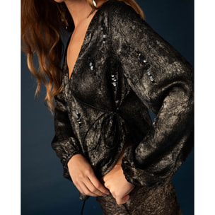 Blusa bordada de lentejuelas con cierre cruzado de mujer