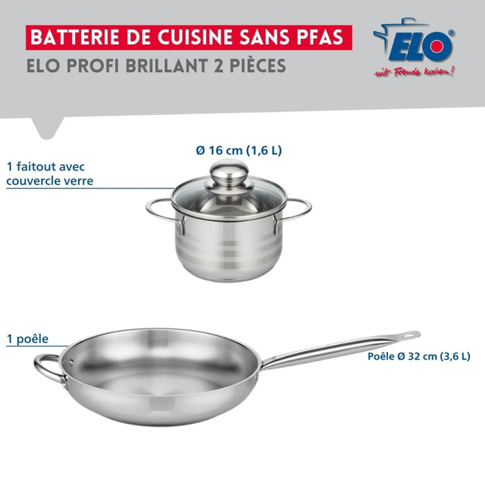Ensemble de 1 Poêle de cuisson 32 cm et 1 faitout 16 cm Elo Profi Brillant
