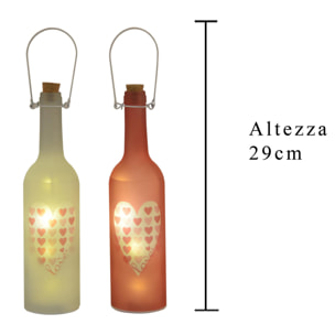 Bottiglia Con Luci A Forma Di Cuori. Altezza 29Cm - Pezzi 2 - 7,3X29X7,3cm - Colore: Incolore - Bianchi Dino - Oggettistica Con Luci