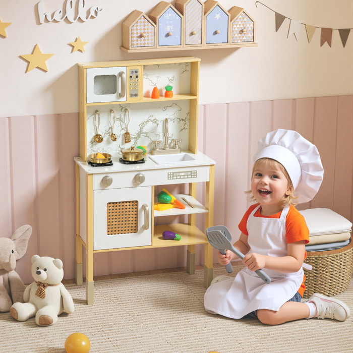 Cocina de Juguete de Madera con Sonido, Cocinita Infantil con Accesorios de Acero Inoxidable, Microondas, Horno, Fregadero, Verduras para Cortar, para Niños a Partir de 3 Años, Dorado
