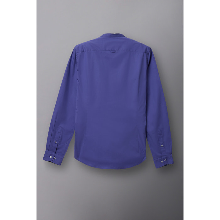 Camicia Uomo Coreano Slim Popeline Stretch Unito Celeste Cadetto