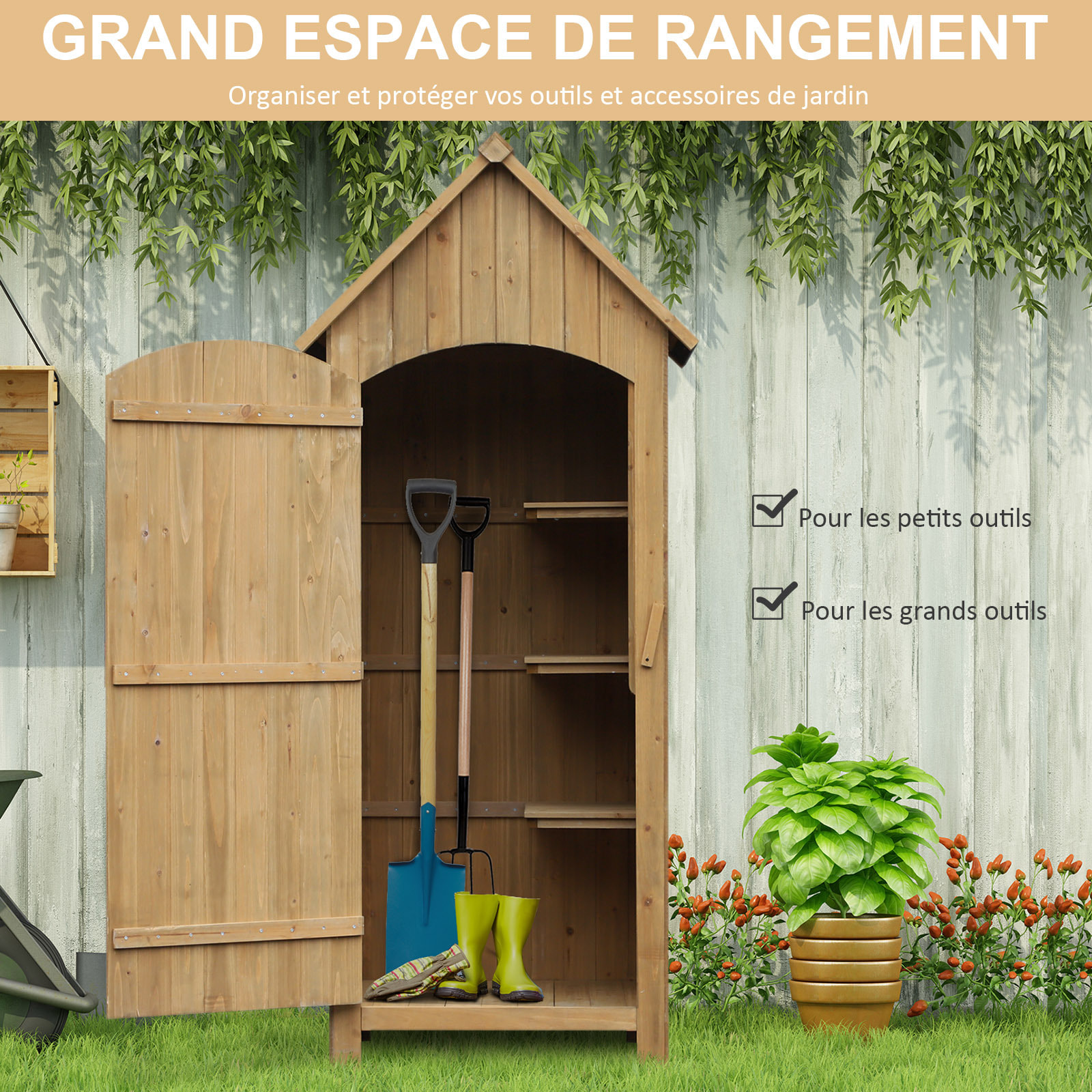 Armoire abri de jardin remise pour outils 3 étagères porte loquet toit pente bitumé dim. 77L x 54l x 179H cm bois sapin pré-huilé