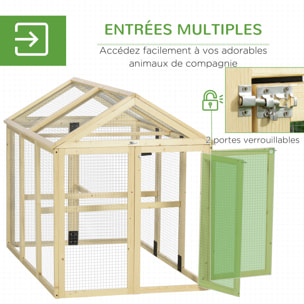 Enclos poulailler chenil 1,23 m² - parc grillagé dim 140L x 88,5l x 106H cm - 2 portes verrouillables - bois sapin