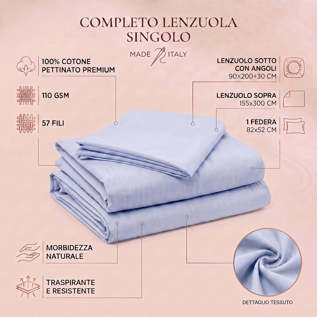 Completo lenzuola in cotone - azzurro