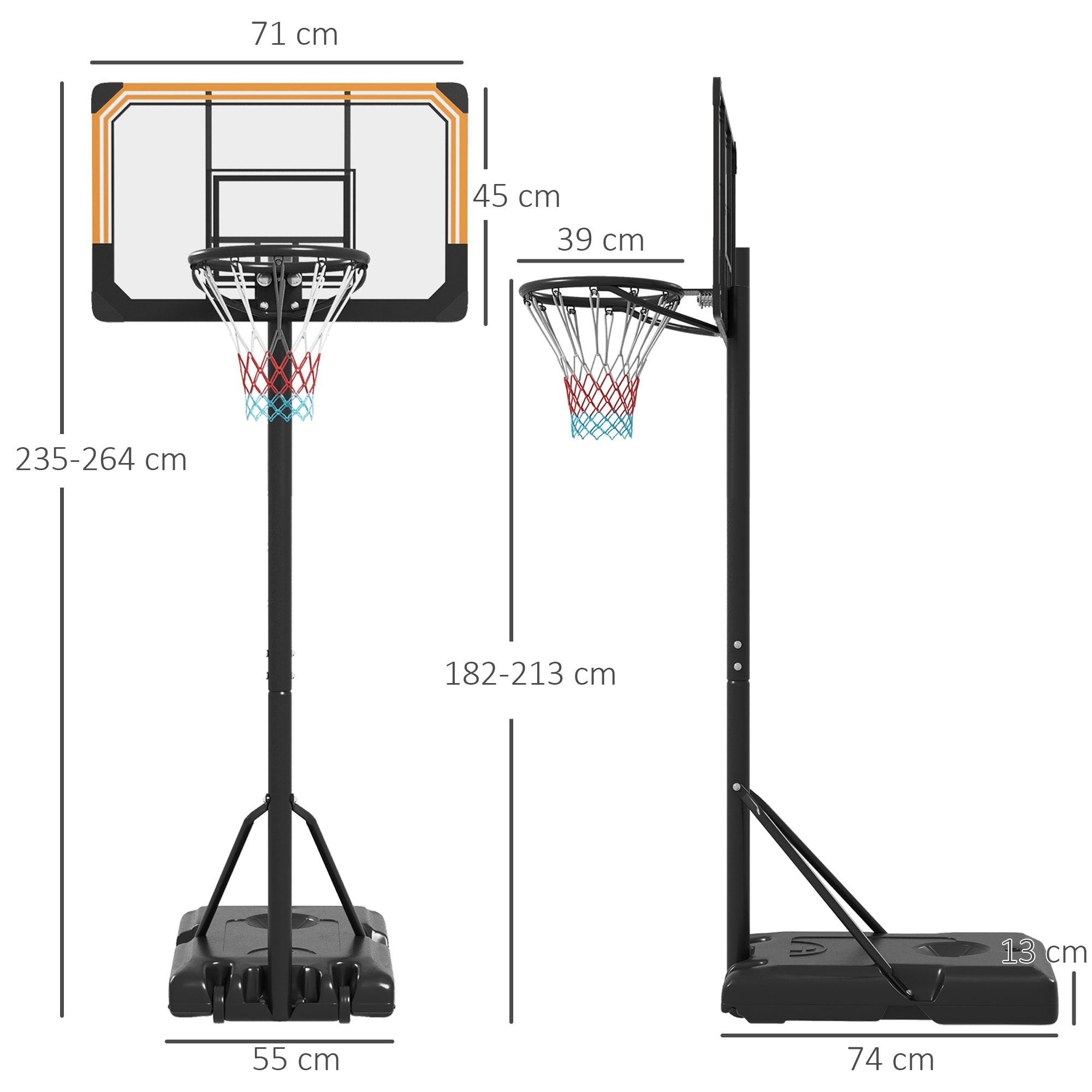 Canasta de Baloncesto de Exterior con Altura Ajustable 235-264 cm Aro de Baloncesto con Soporte Canasta de Baloncesto con Ruedas Base Rellenable Negro