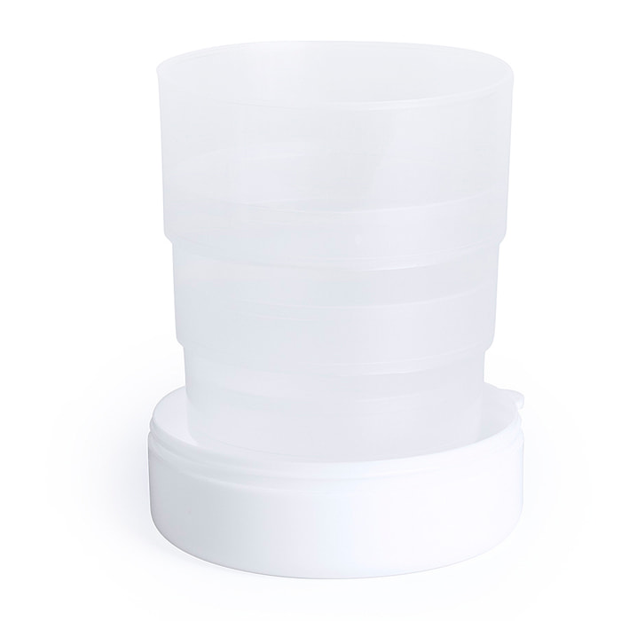 Bicchiere pieghevole da 220 ml e portapillole Berty. Include moschettone e cappuccio.