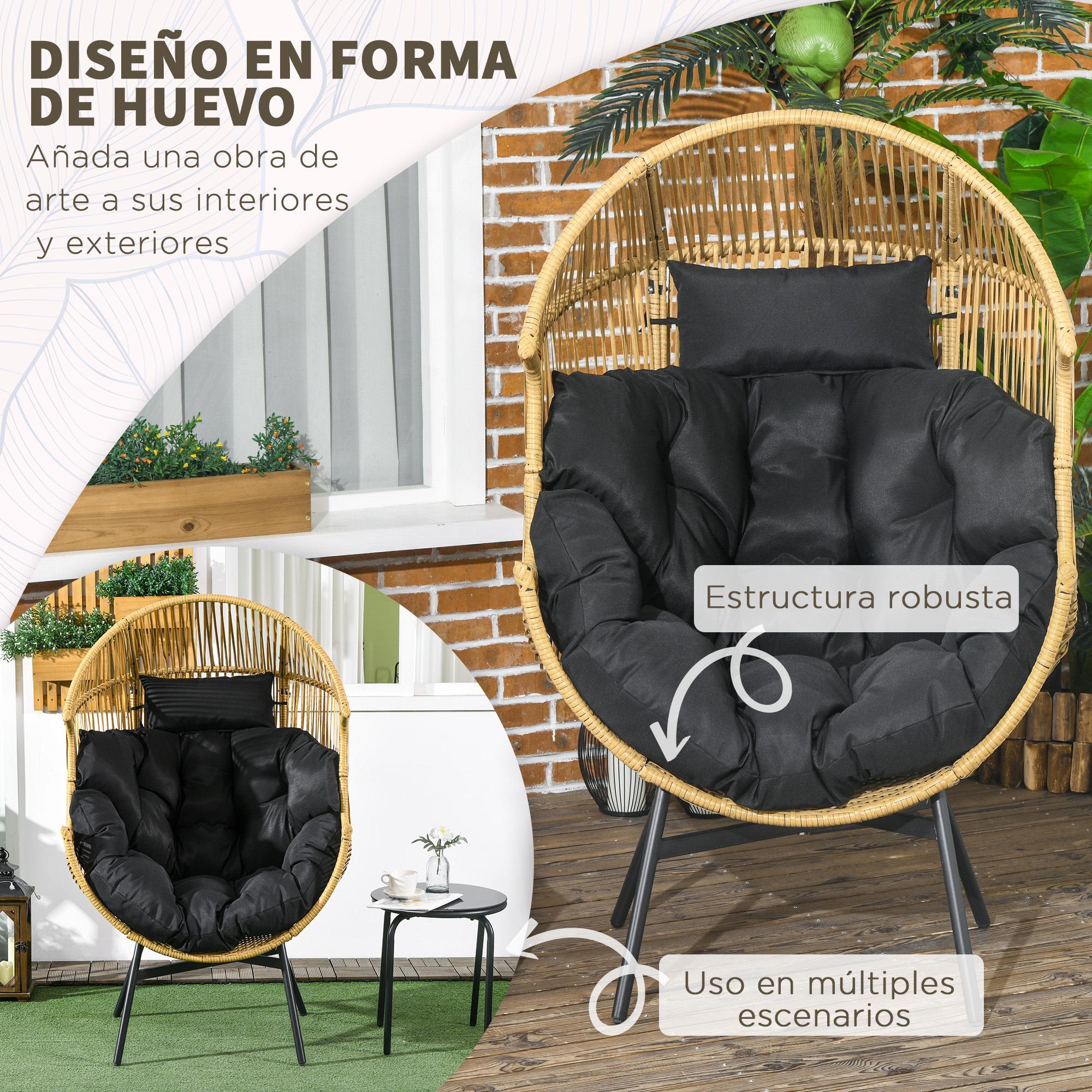 Sillón de Ratán Sintético Silla de Terraza en Forma de Huevo con Reposacabezas Acolchado Cojín y Marco de Acero para Jardín Balcón 89x75x143 cm Arena y Negro