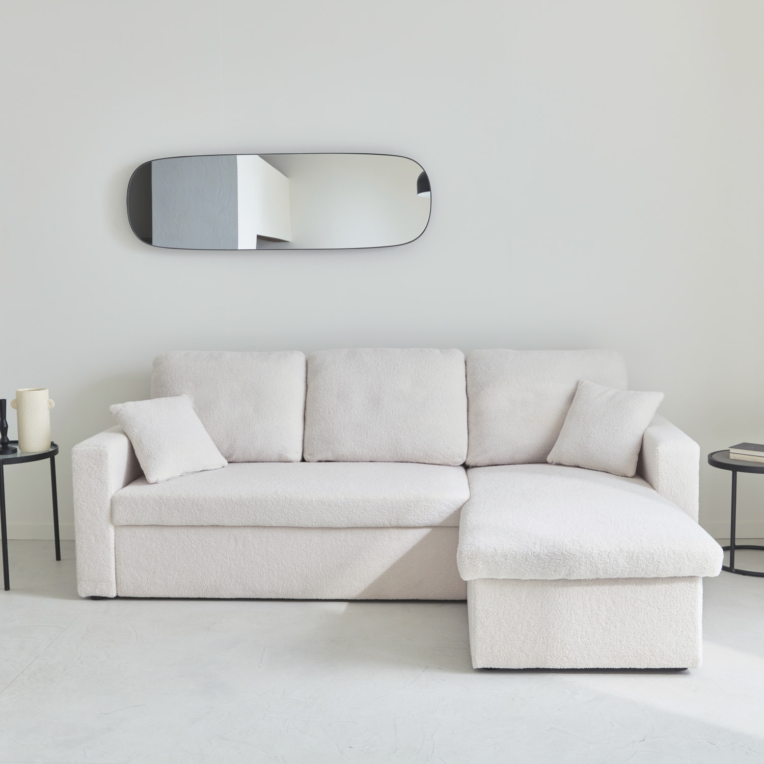 Canapé d'angle convertible en tissu bouclettes blanches - IDA - 3 places. fauteuil d'angle réversible coffre rangement lit modulable