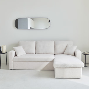 Canapé d'angle convertible en tissu bouclettes blanches - IDA - 3 places. fauteuil d'angle réversible coffre rangement lit modulable