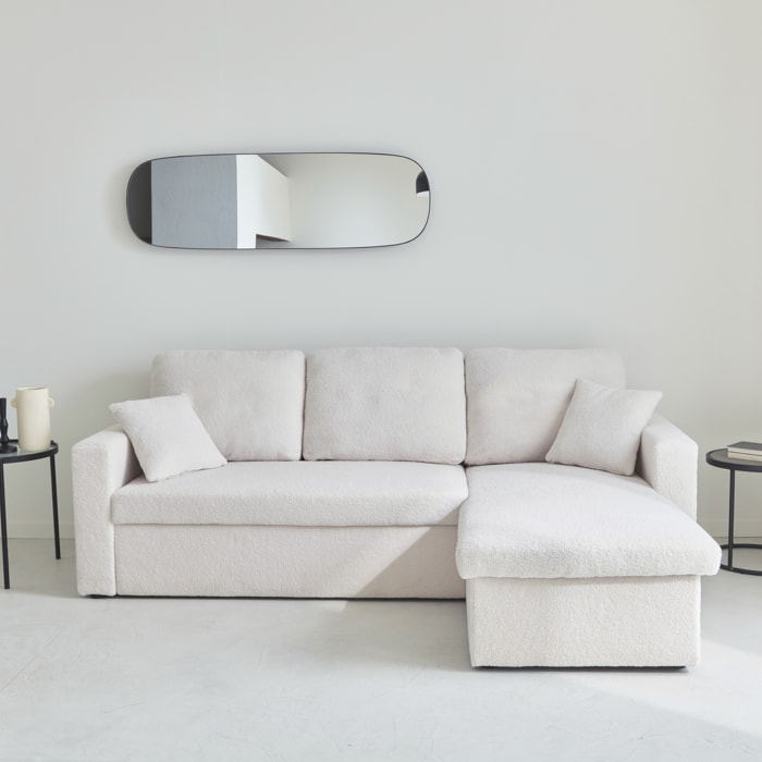 Canapé d'angle convertible en tissu bouclettes blanches - IDA - 3 places. fauteuil d'angle réversible coffre rangement lit modulable