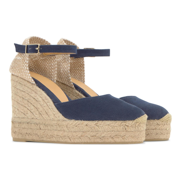Alpargata de cuña 8 cm en lona de algodón con pala en v y cintas