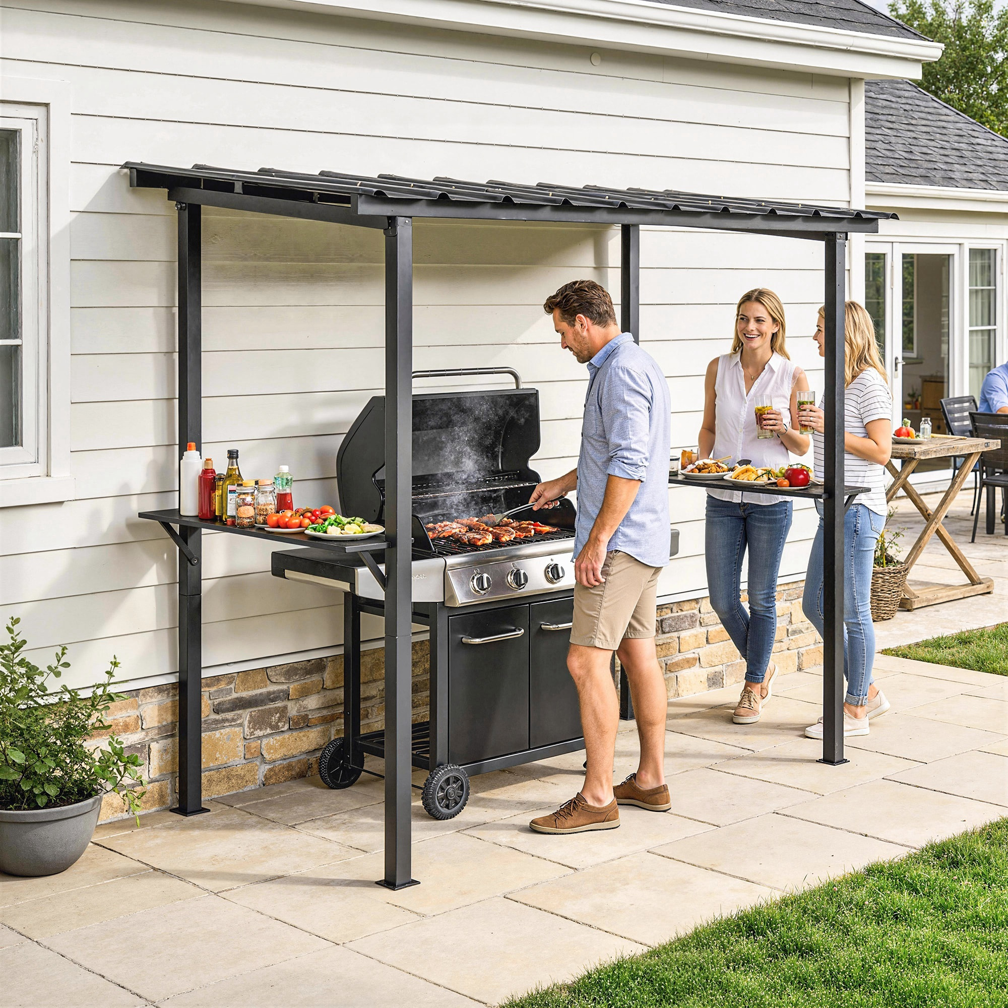 Abri pour barbecue - tonnelle de jardin  toit rigide - métal galvanisé - 271x182x229cm - noir