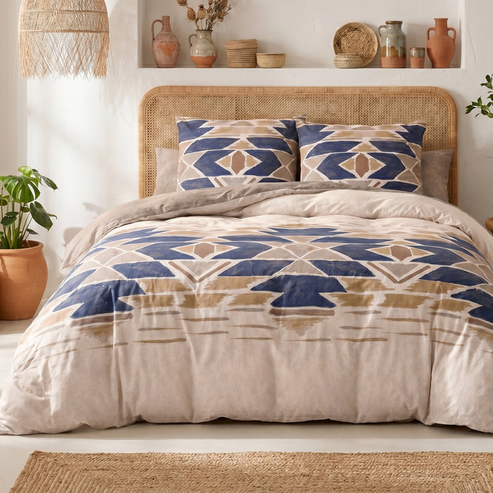 Parure housse de couette 260x240 cm imprimée graphique bohème + 2 taies 100% Coton - APOTEK